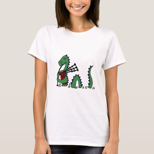 Funny Loch Ness Monster Playing Bagpipes T-Shirt (Front)