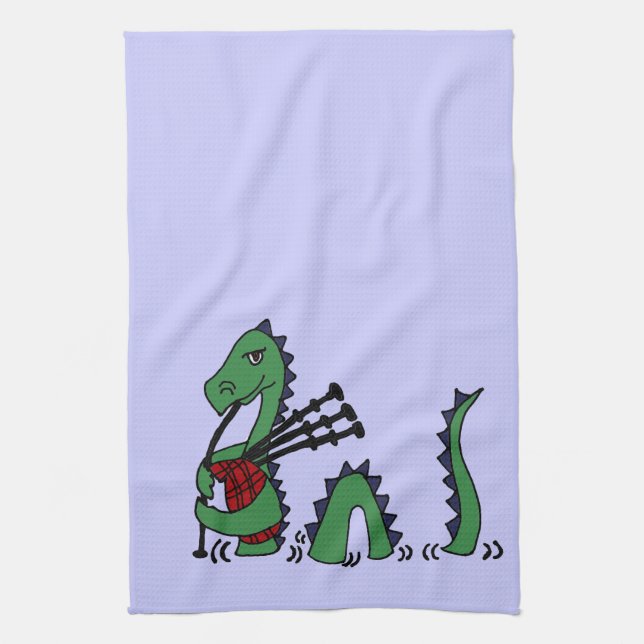 Funny Loch Ness Monster Playing Bagpipes Tea Towel (Vertical)