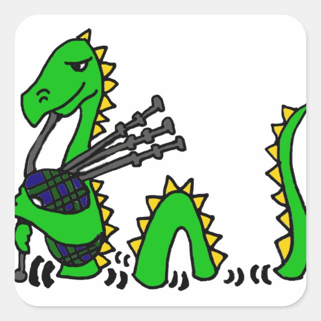 Funny Loch Ness Monster Playing Blue Bagpipes Square Sticker (Front)