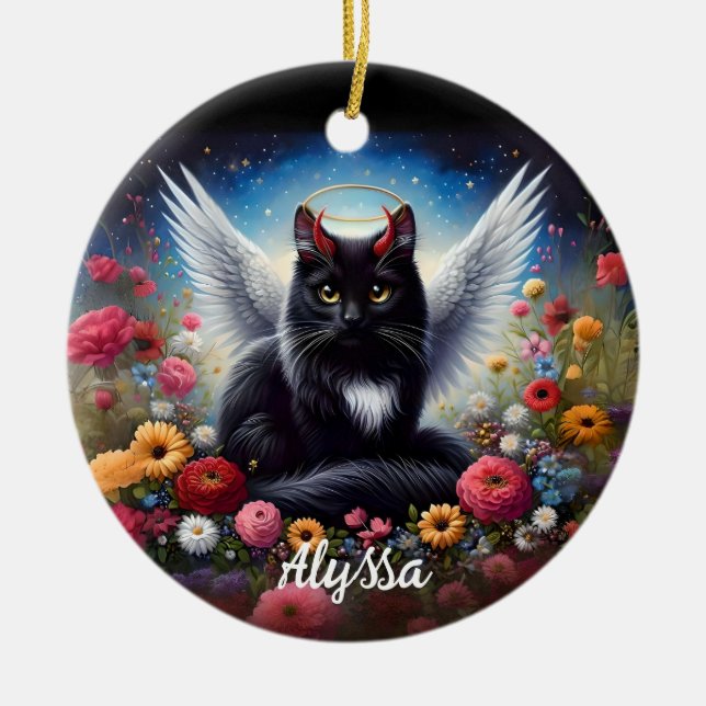 Funny Long Haired Black Demon and Angel Cat  Ceramic Tree Decoration (Front)