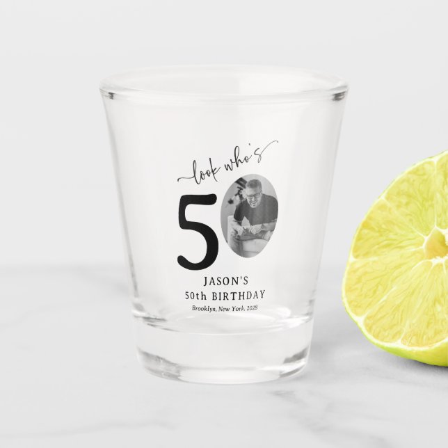 Funny 'Look Who's 50' Stylish 50th Birthday Shot Glass (Front)