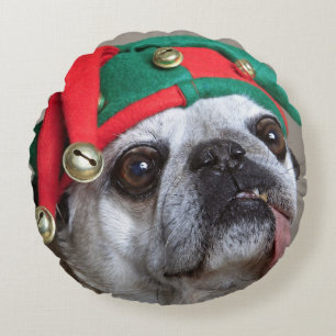 Funny looking pug with tongue hanging out round cushion