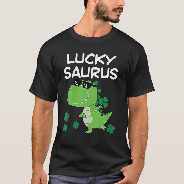 Funny Lucky Saurus Dinosaur Irish Shamrock St Patr T-Shirt (Front)