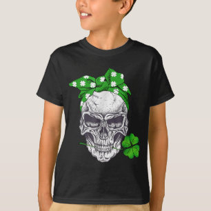 Funny Lucky Skull Messy Bun Happy St Patricks Day T-Shirt