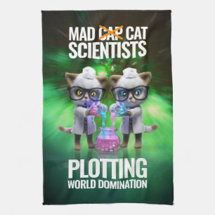 Funny Mad Cat Scientists Plotting World Domination Tea Towel