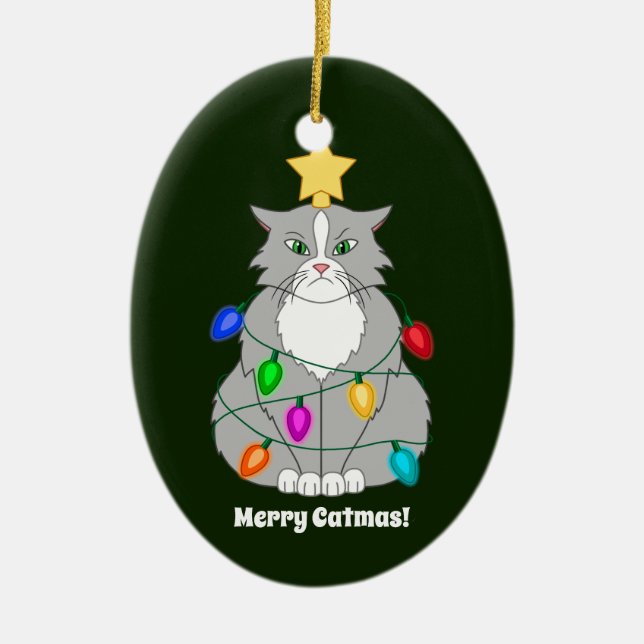 Funny Mad Christmas Tree Cat in Colourful Lights Ceramic Tree Decoration (Front)