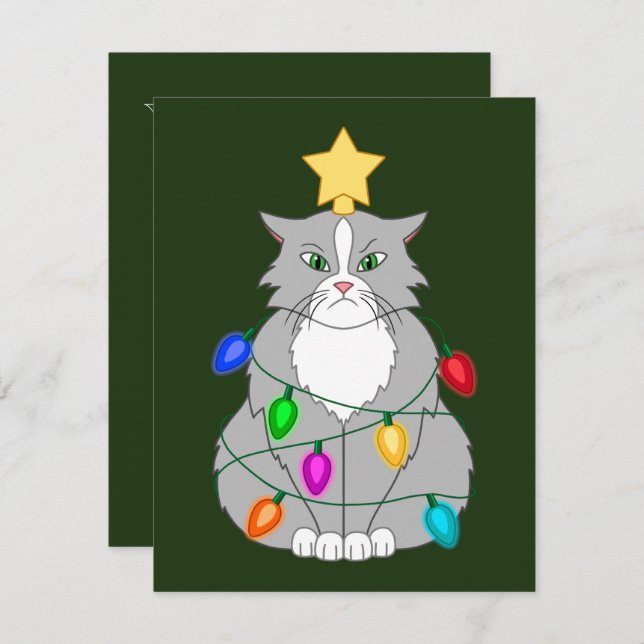 Funny Mad Christmas Tree Cat in Colourful Lights Invitation (Front/Back)