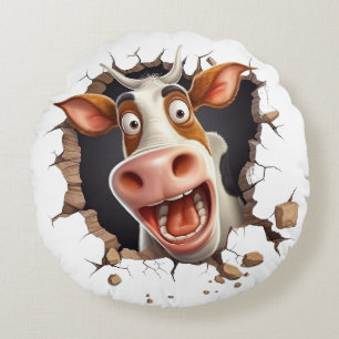 Funny mad cow cartoon face farmers country fun round cushion
