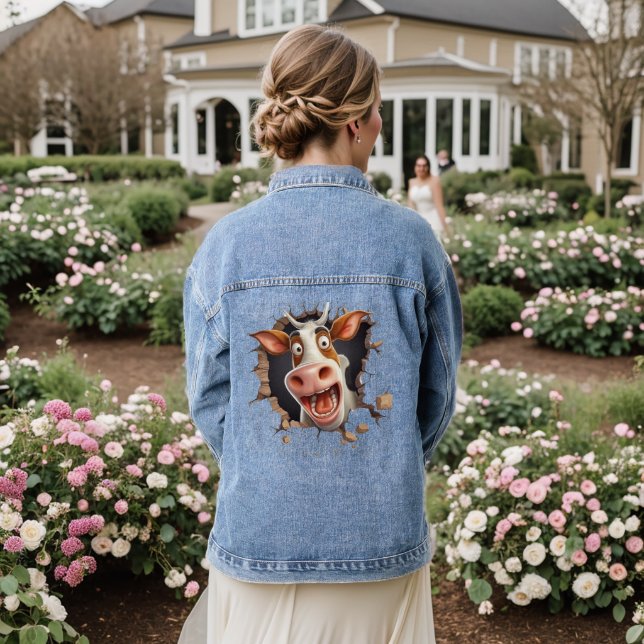 Funny mad cow cartoon face peeking through hole denim jacket (Wedding Back)