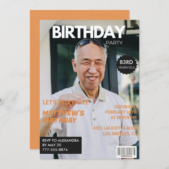 Funny Magazine Editorial Photo 83rd birthday Invitation (Front/Back)