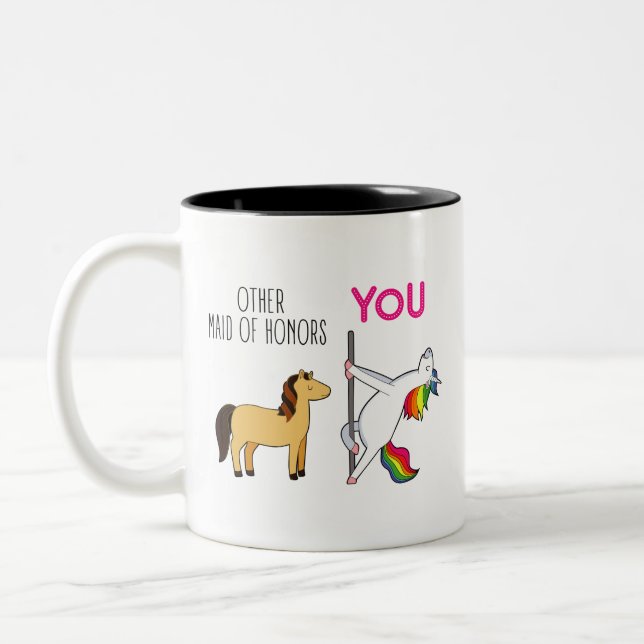 Funny Maid Of Honour Proposal, Cute Unicorn Two-Tone Coffee Mug (Left)