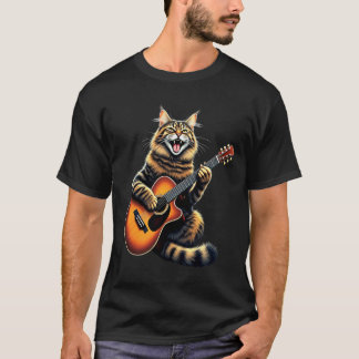 Funny Maine Coon Cat Playing Guitar Design for Mus T-Shirt