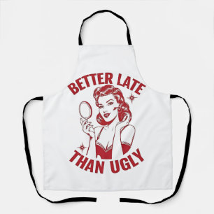 funny makeup pun, glam girl humour, late but fabul apron
