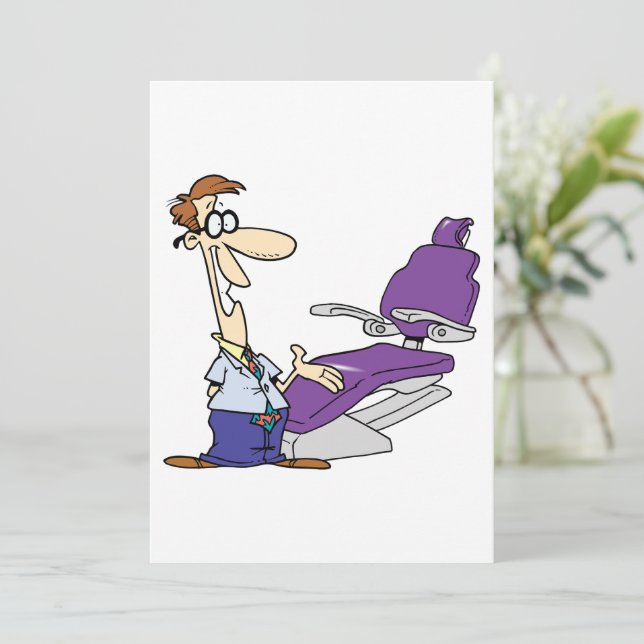 Funny Male Dentist and Purple Dental Chair Invitation (Standing Front)