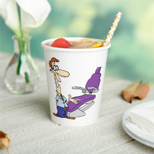 Funny Male Dentist and Purple Dental Chair Paper Cups