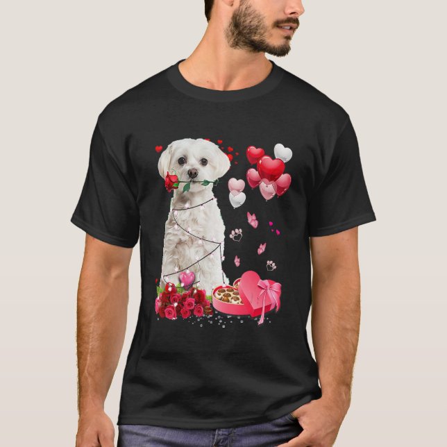 Funny Maltese Rose Heart Happy Valentine Day Dog M T-Shirt (Front)
