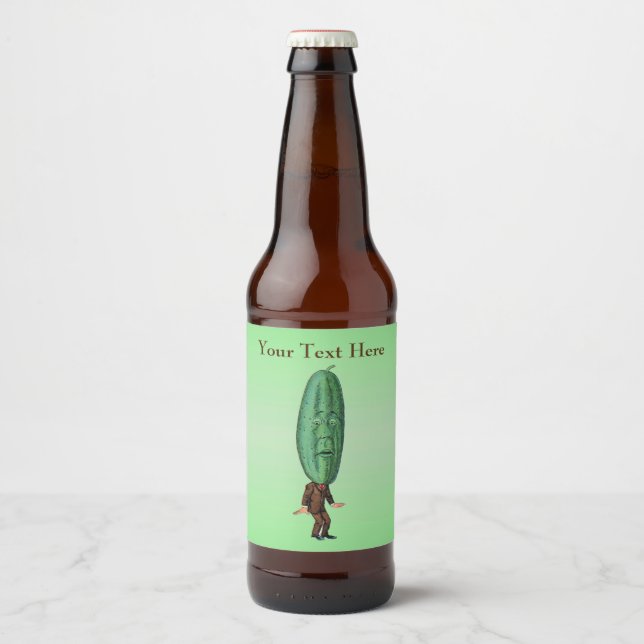 Funny Man Big Green Pickle Head Face in Suit Green Beer Bottle Label (Front)