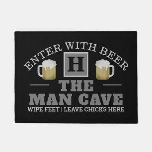 Funny MAN CAVE with Monogram and Beer on BLACK Doormat