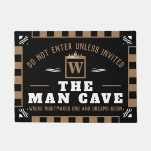 Funny MAN CAVE with Monogram BLACK Welcome Doormat
