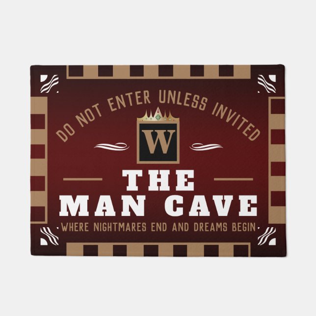 Funny MAN CAVE with Monogram | BROWN Welcome Doormat (Front)