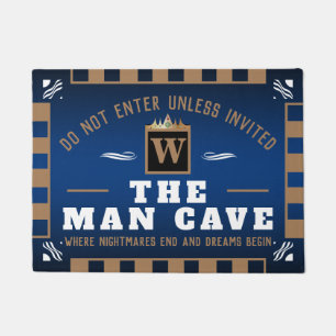 Funny MAN CAVE with Monogram DEEP BLUE Welcome Doormat