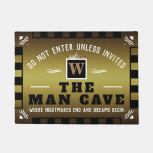 Funny MAN CAVE with Monogram   GOLD Welcome Doormat