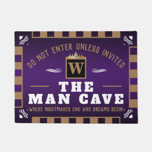 Funny MAN CAVE with Monogram   PURPLE Welcome Doormat