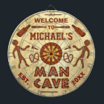 Funny Man Cave with Your Name Custom Dartboard<br><div class="desc">Create your own humourous, custom "man cave" dartboard using this easy template. Made to look like the wall of a cave, the dartboard has primitive drawings of men throwing darts, a dart board, two baseball bats, two pretzels, a couple beer bottles and pool cues. The dartboard can be easily personalised...</div>