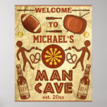 Funny Man Cave with Your Name Custom Poster<br><div class="desc">Create your own humourous, custom "man cave" poster using this easy template. Made to look like the wall of a cave, the poster has primitive drawings of men throwing darts, a dart board, a TV, a football, two baseball bats, two baseballs, two pool cues, two pretzels and a couple of...</div>