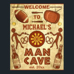 Funny Man Cave with Your Name Custom Poster<br><div class="desc">Create your own humourous, custom "man cave" poster using this easy template. Made to look like the wall of a cave, the poster has primitive drawings of men throwing darts, a dart board, a TV, a football, two baseball bats, two baseballs, two pool cues, two pretzels and a couple of...</div>