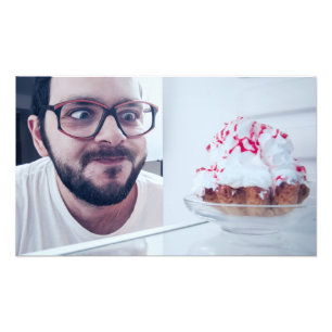 Funny man looking in refrigerator photo print