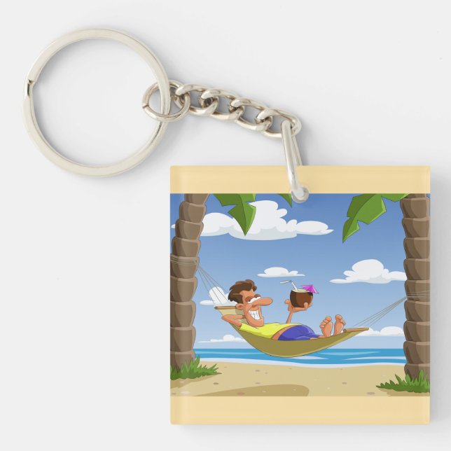 Funny Man Relaxing in Beach Hammock Key Ring (Front)