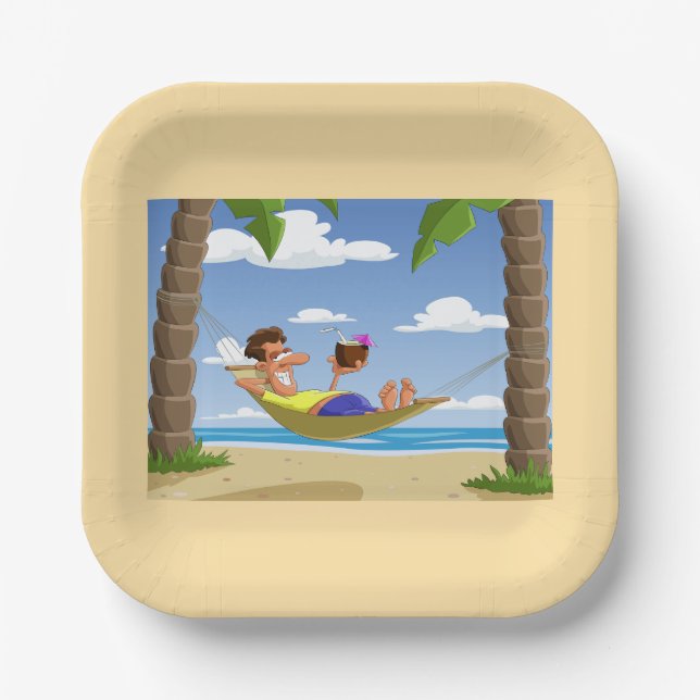 Funny Man Relaxing in Beach Hammock Paper Plate (Front)