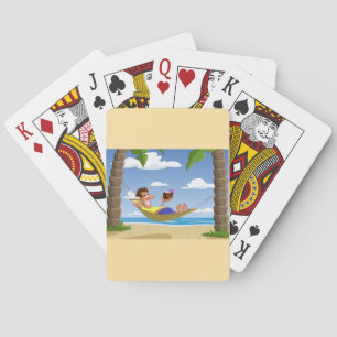 Funny Man Relaxing in Beach Hammock Playing Cards