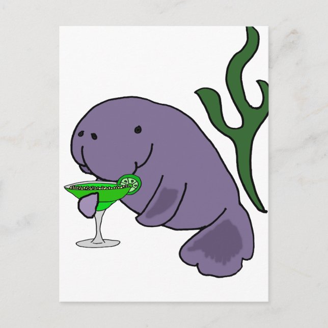 Funny Manatee Drinking Margarita Cartoon Postcard (Front)