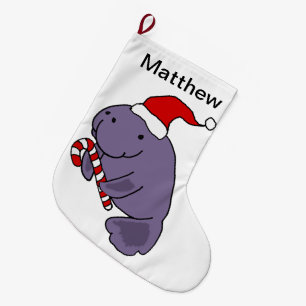 Funny Manatee in Santa Hat Christmas Cartoon Large Christmas Stocking