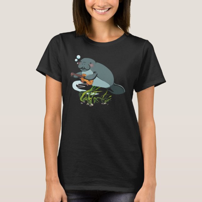 Funny Manatee Playing Ukulele Guitar Floaty Potato T-Shirt (Front)