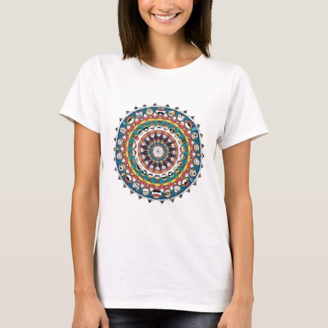 Funny Mandala Design with Whimsical Cartoon Faces  T-Shirt (Front)