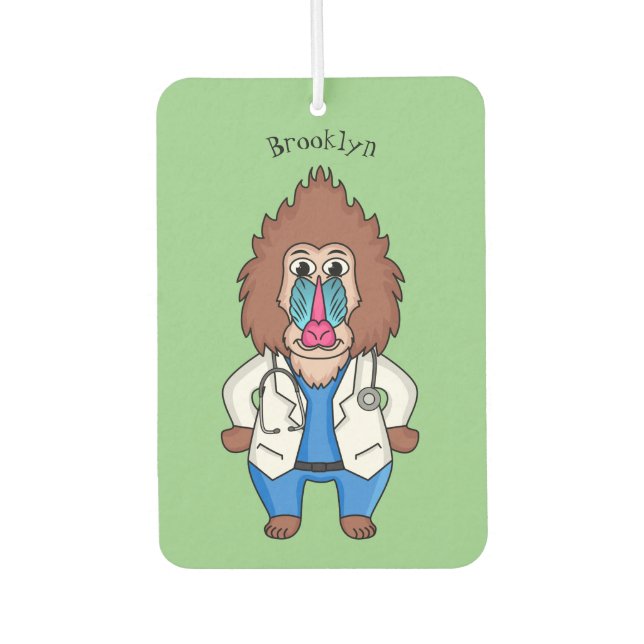 Funny mandrill doctor cartoon illustration car air freshener (Front)