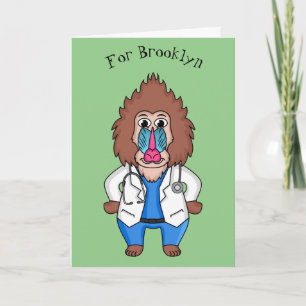 Funny mandrill doctor cartoon illustration card