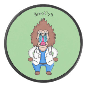 Funny mandrill doctor cartoon illustration hockey puck