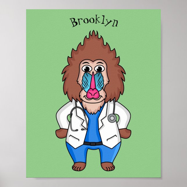Funny mandrill doctor cartoon illustration poster (Front)