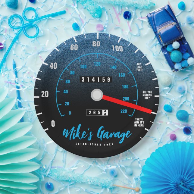 Funny Manly Car Odometer Speedometer Blue Glitter Paper Plate (Party)