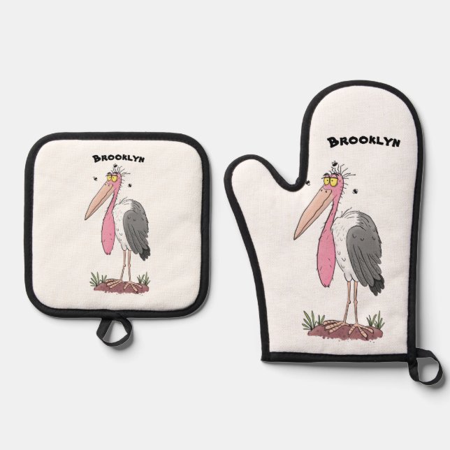 Funny marabou stork cartoon oven mitt & pot holder set (Front)