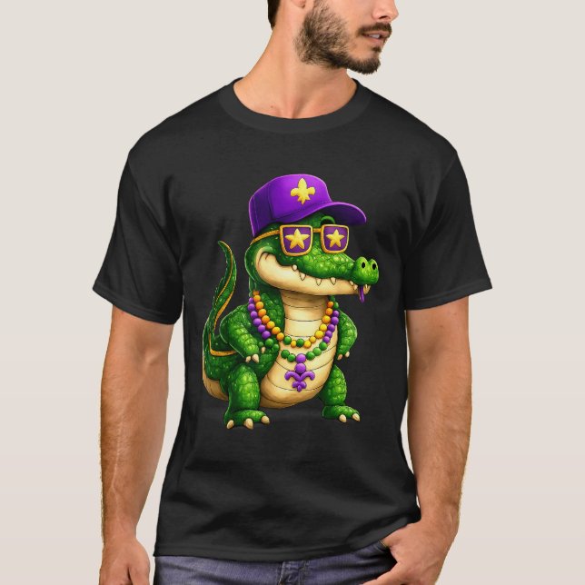 Funny Mardi Gras Alligator Beads Carnival Celebrat T-Shirt (Front)