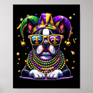 Funny Mardi Gras Bead Boston Terrier Dog Festival  Poster
