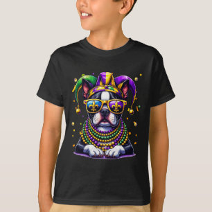 Funny Mardi Gras Bead Boston Terrier Dog Festival  T-Shirt
