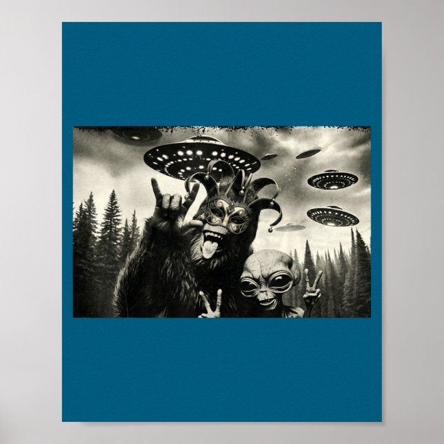 Funny Mardi Gras Bigfoot Alien Selfie Poster (Front)