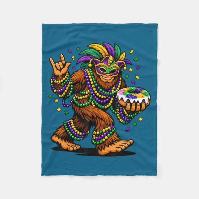 Funny Mardi Gras Bigfoot King Artwork Fleece Blanket (Front)