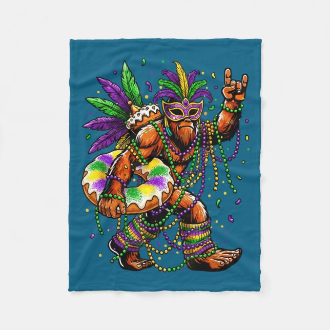 Funny Mardi Gras Bigfoot King Artwork Fleece Blanket (Front)